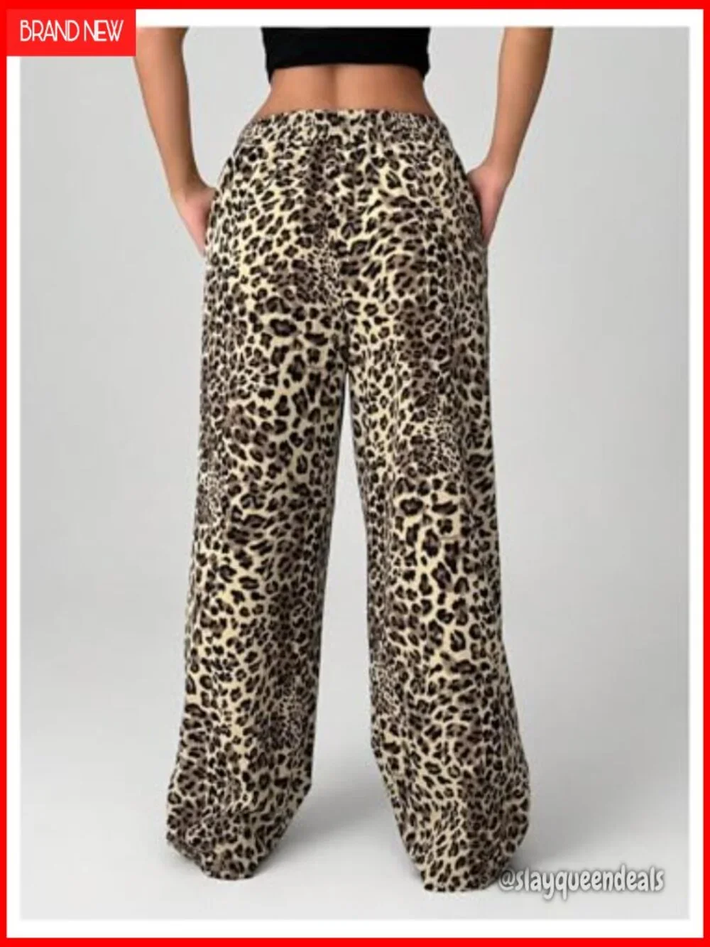 Women's Letter Leopard Print Straight Leg Pants Elastic Waist Y2K Trousers with - Picture 2 of 5
